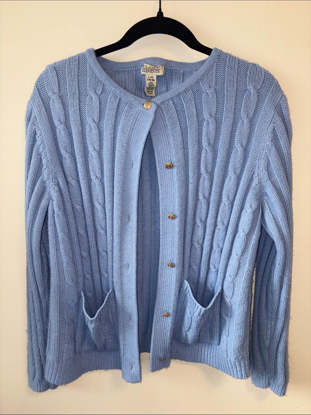 Classic Elements Sky Blue Cable Knit Cardigan with Gold Buttons